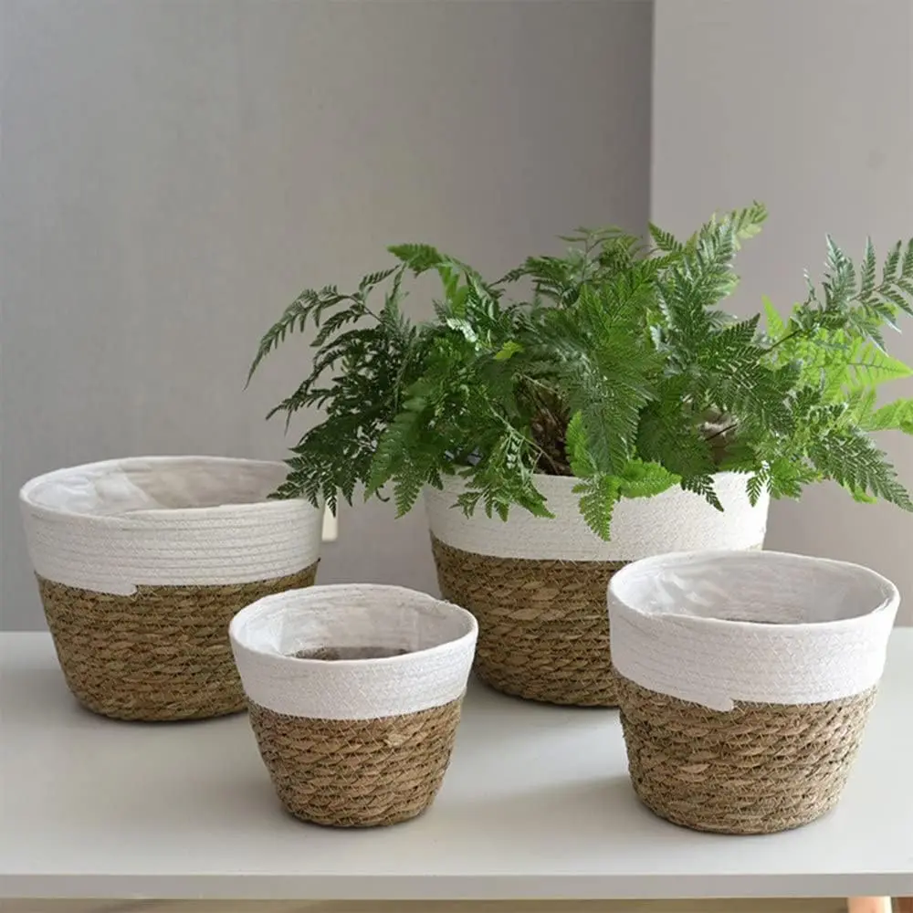 Panier cache pot en jonc de mer avec bordure colorée – Image 2